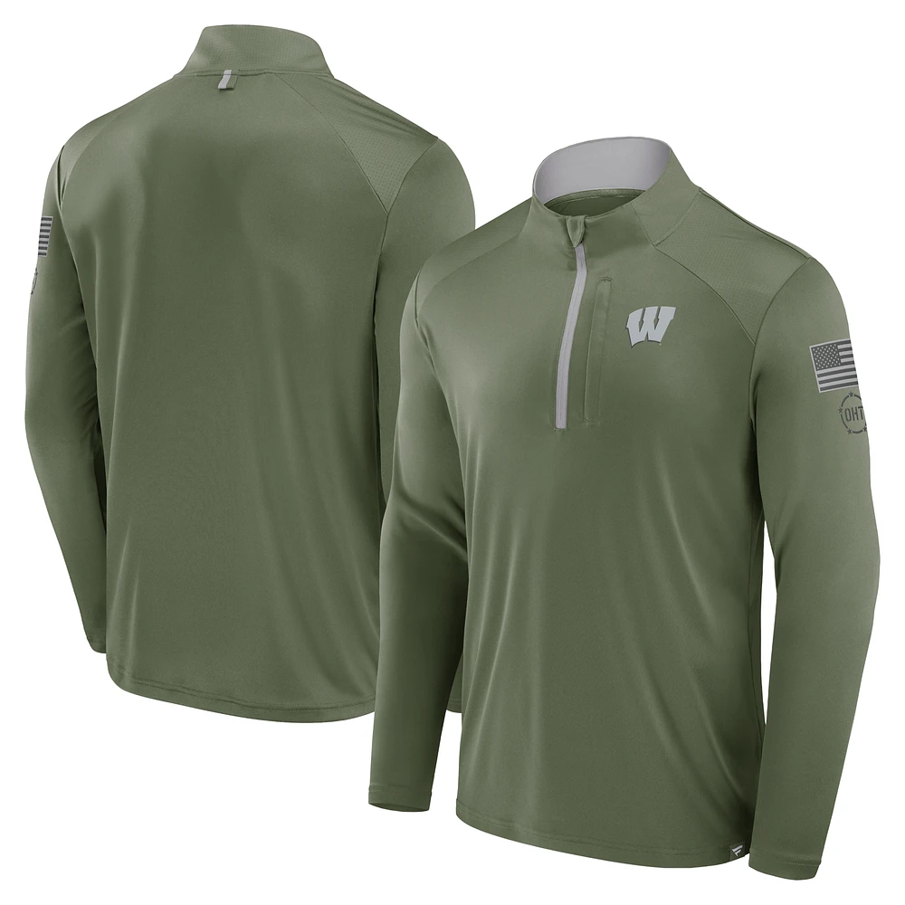 Men's Fanatics Olive Wisconsin Badgers OHT Military Appreciation Defender Quarter-Zip Jacket