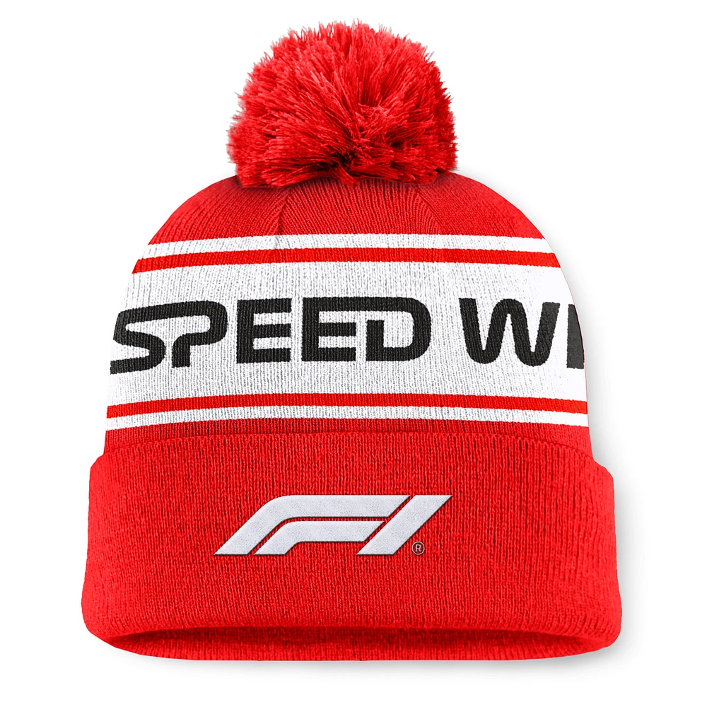 Men's  Red Formula 1 Slash Cuffed Knit Hat with Pom