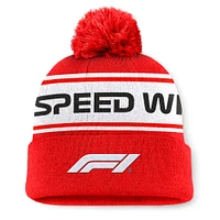 Men's  Red Formula 1 Slash Cuffed Knit Hat with Pom