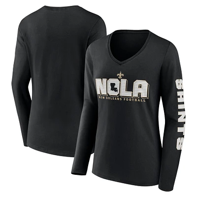 Women's Fanatics Black New Orleans Saints Hometown Sweep Long Sleeve V-Neck T-Shirt