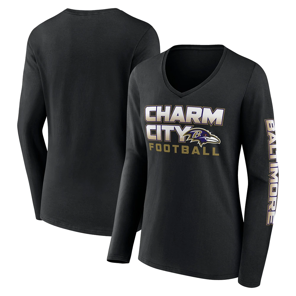 Women's Fanatics Black Baltimore Ravens Hometown Sweep Long Sleeve V-Neck T-Shirt