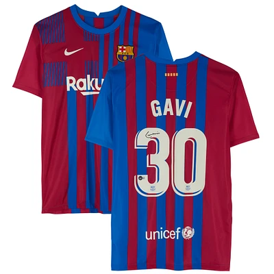 Gavi Barcelona Autographed 2021-22 Red and Blue Nike Jersey