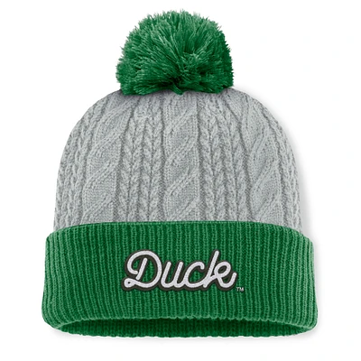 Women's Top of the World Gray/Green Oregon Ducks Becca Cuffed Knit Hat with Pom