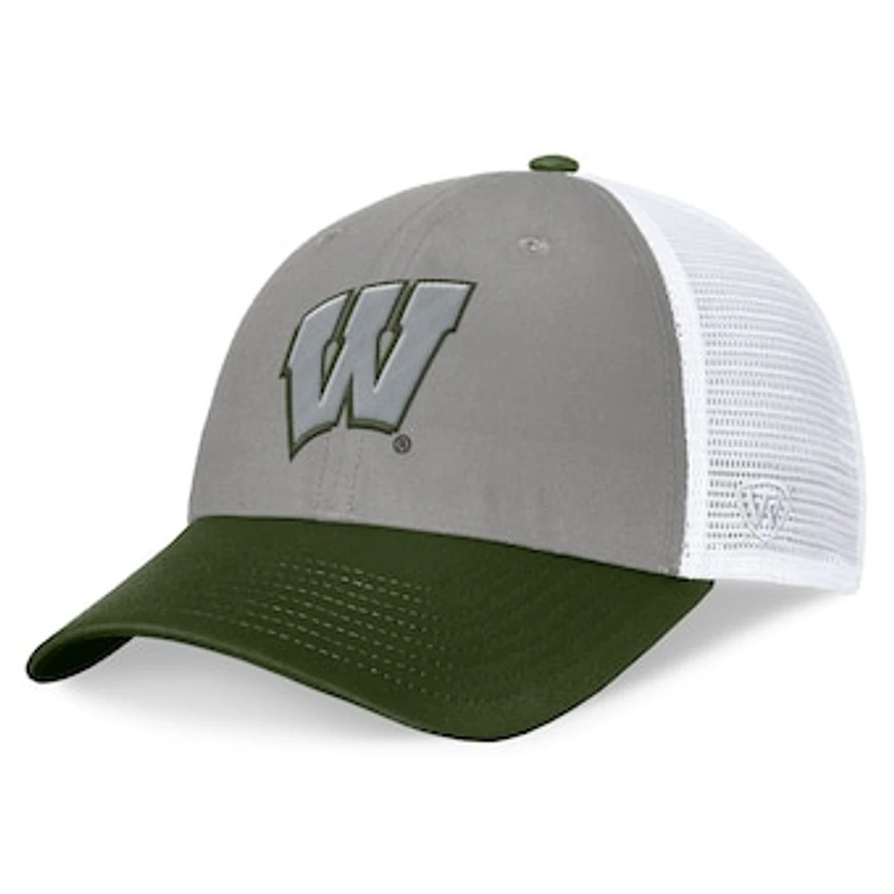 Men's Top of the World Gray/Green Wisconsin Badgers OHT Military Appreciation Badge Trucker Adjustable Hat