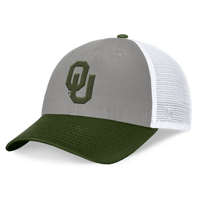 Men's Top of the World Gray/Green Oklahoma Sooners OHT Military Appreciation Badge Trucker Adjustable Hat