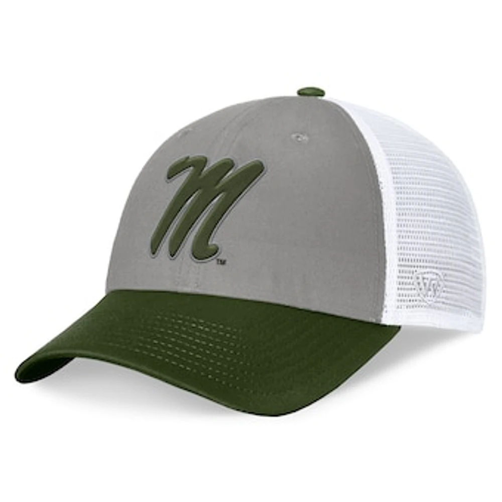 Men's Top of the World Gray/Green Ole Miss Rebels OHT Military Appreciation Badge Trucker Adjustable Hat