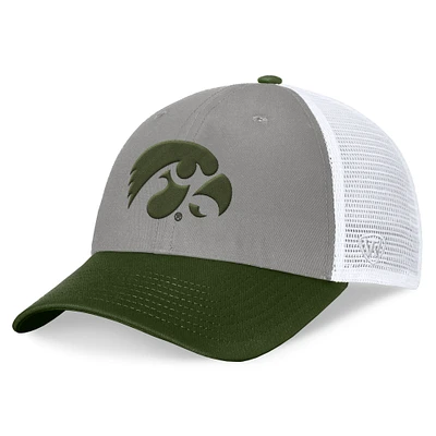 Men's Top of the World Gray/Green Iowa Hawkeyes OHT Military Appreciation Badge Trucker Adjustable Hat