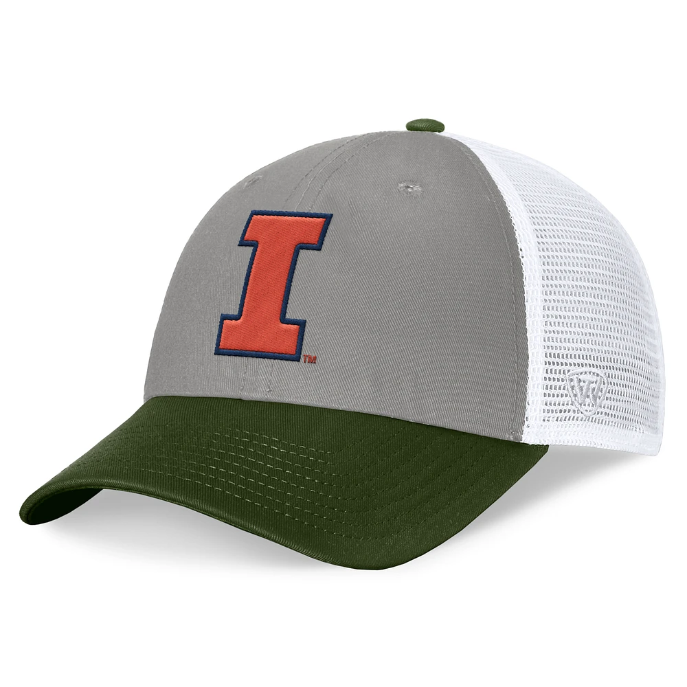 Men's Top of the World Gray/Green Illinois Fighting Illini OHT Military Appreciation Badge Trucker Adjustable Hat