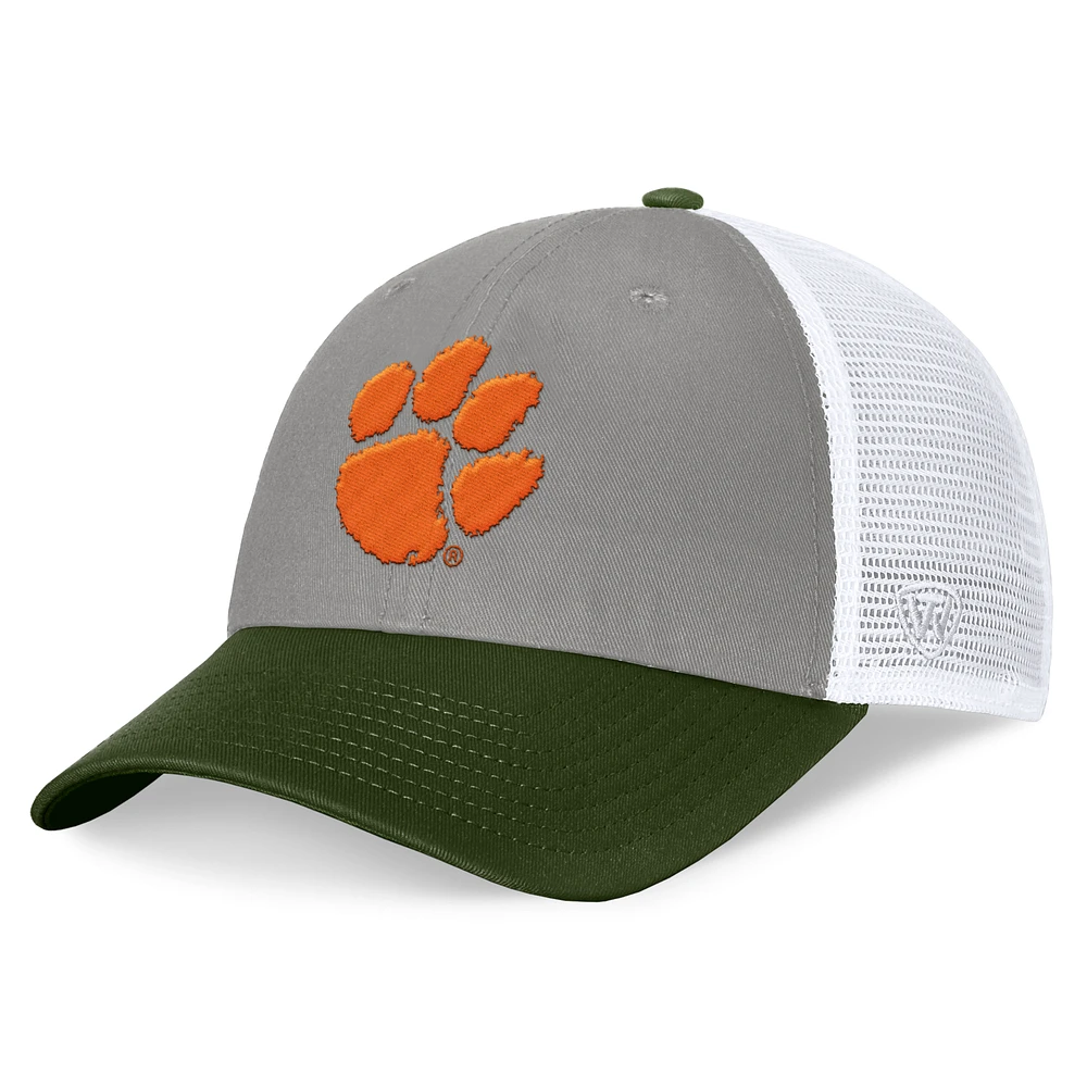 Men's Top of the World Gray/Green Clemson Tigers OHT Military Appreciation Badge Trucker Adjustable Hat