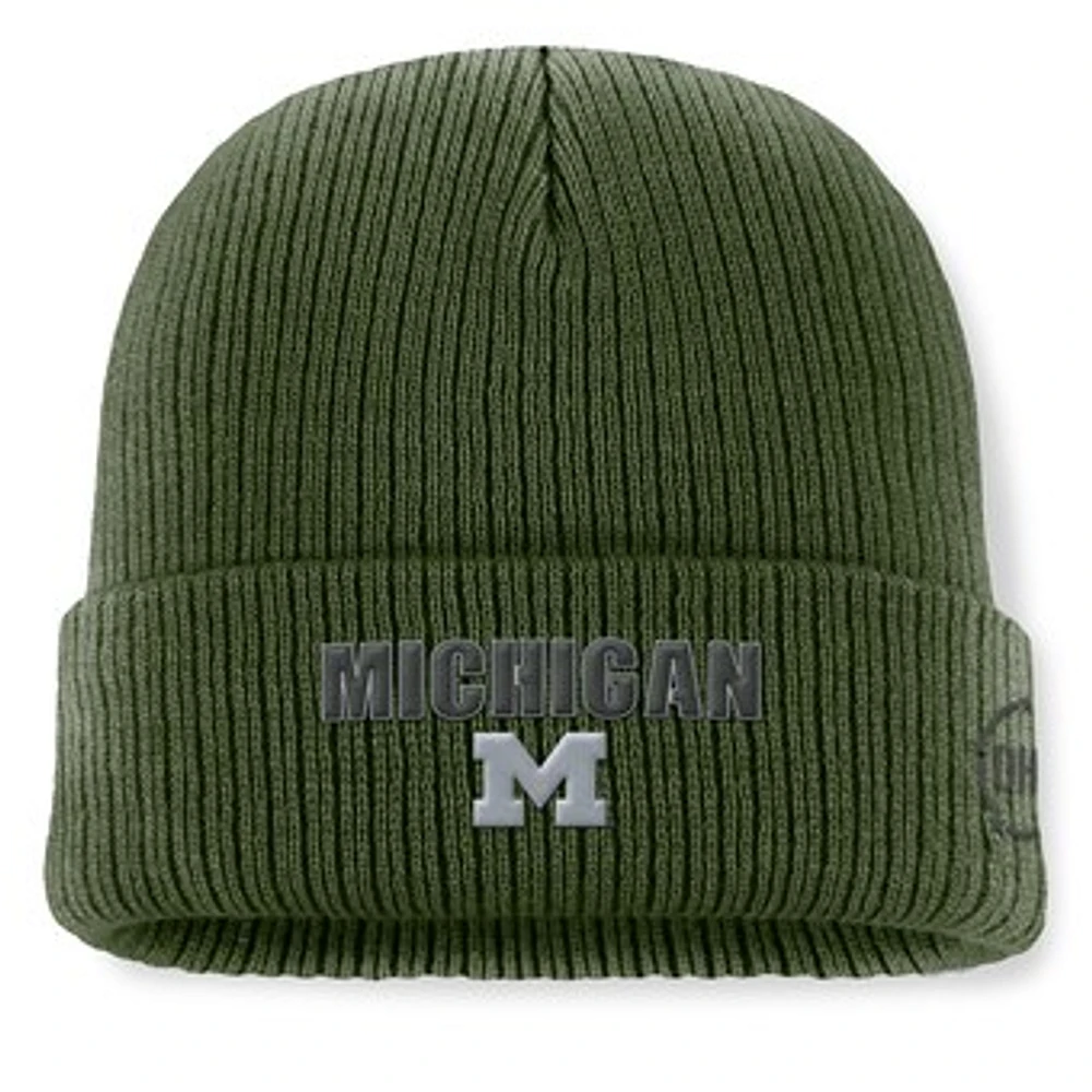 Men's Top of the World Green Michigan Wolverines OHT Military Appreciation Badge Cuffed Knit Hat