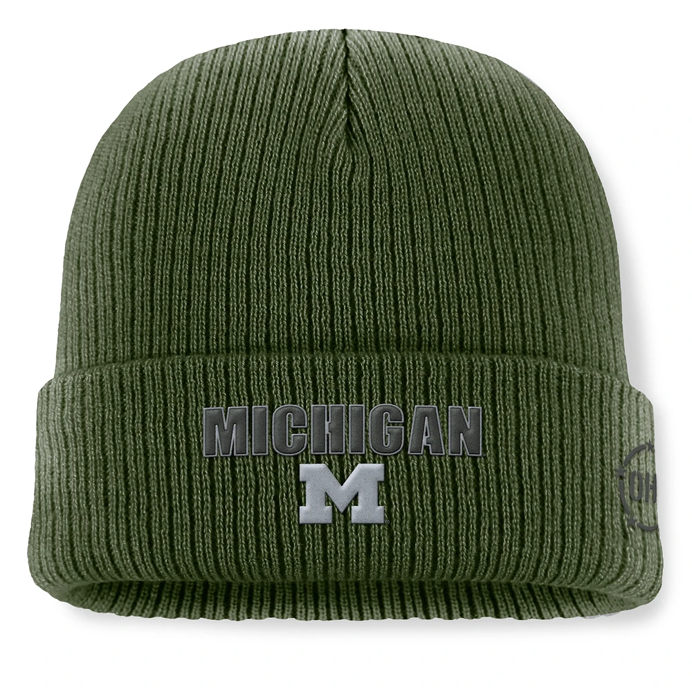 Men's Top of the World Green Michigan Wolverines OHT Military Appreciation Badge Cuffed Knit Hat