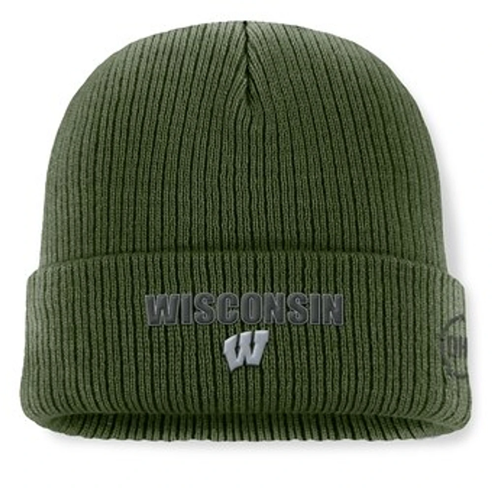 Men's Top of the World Green Wisconsin Badgers OHT Military Appreciation Badge Cuffed Knit Hat