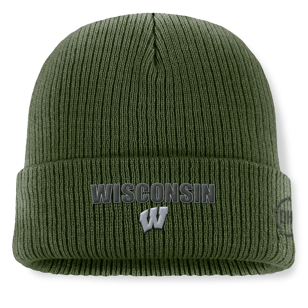 Men's Top of the World Green Wisconsin Badgers OHT Military Appreciation Badge Cuffed Knit Hat