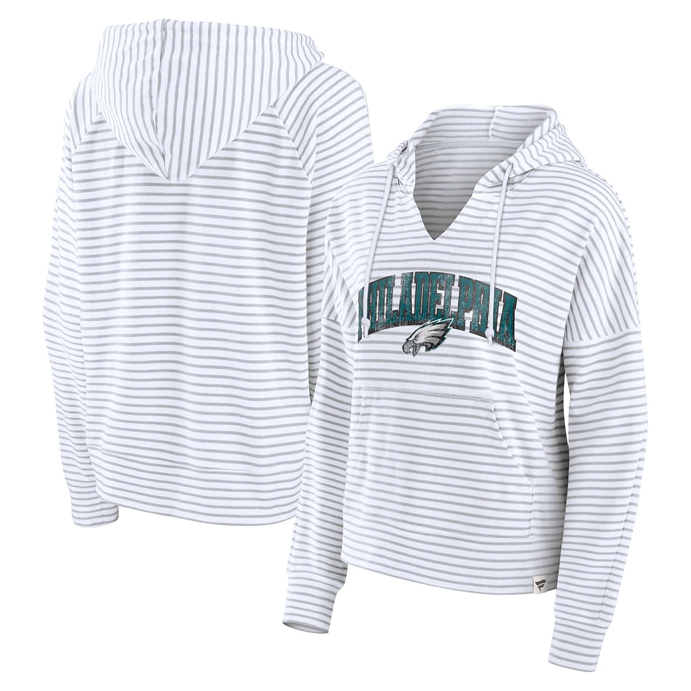 Women's Fanatics White Philadelphia Eagles Fundamentals Striped V-Neck Pullover Hoodie