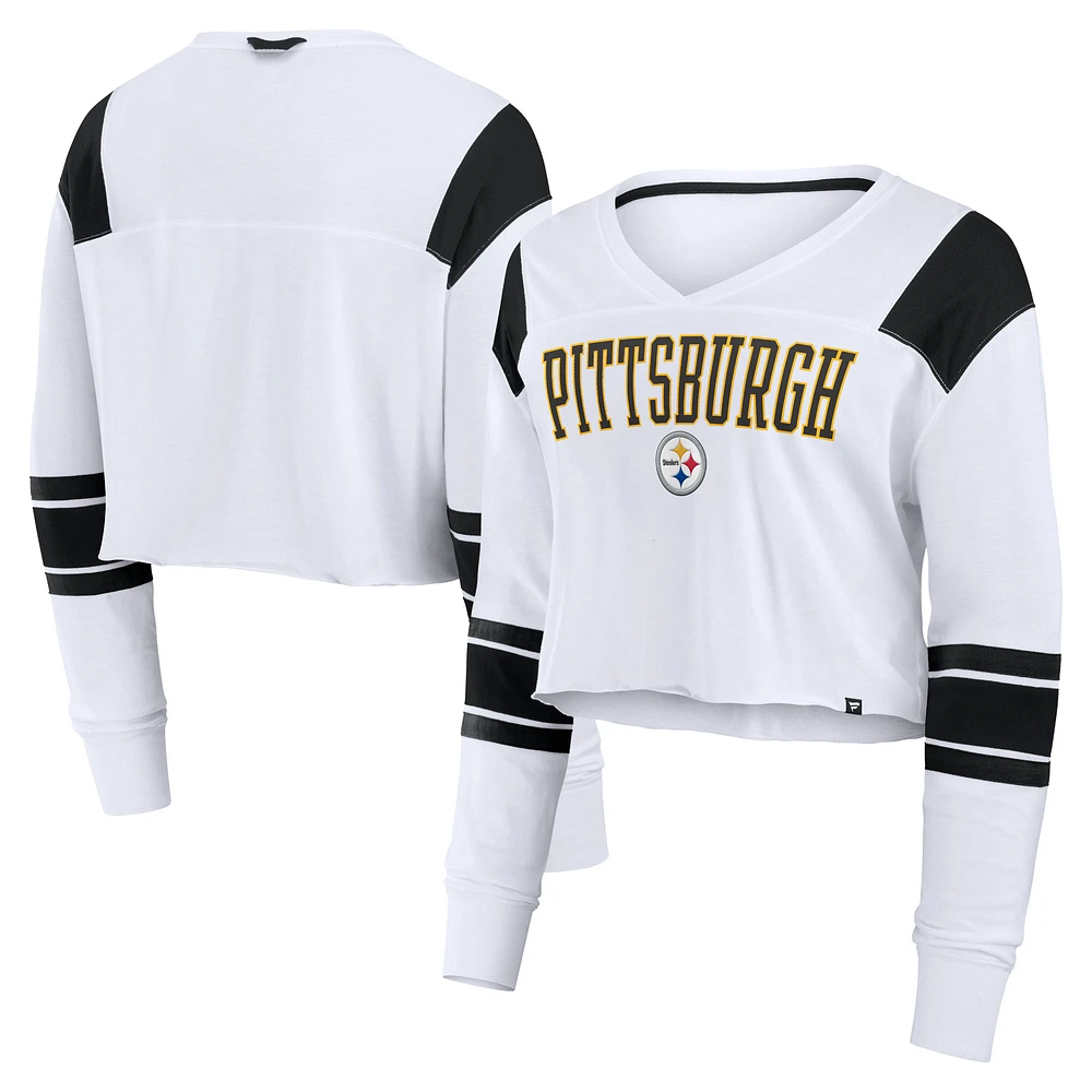 Women's Fanatics White Pittsburgh Steelers Stretch Cropped Long Sleeve V-Neck T-Shirt