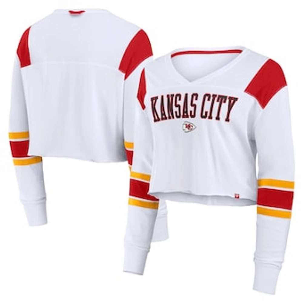 Women's Fanatics White Kansas City Chiefs Stretch Cropped Long Sleeve V-Neck T-Shirt