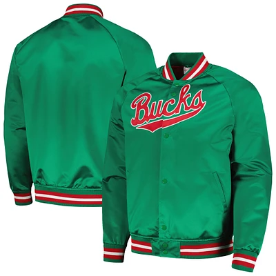 Men's Mitchell & Ness Green Milwaukee Bucks Hardwood Classics Throwback Wordmark Raglan Full-Snap Jacket