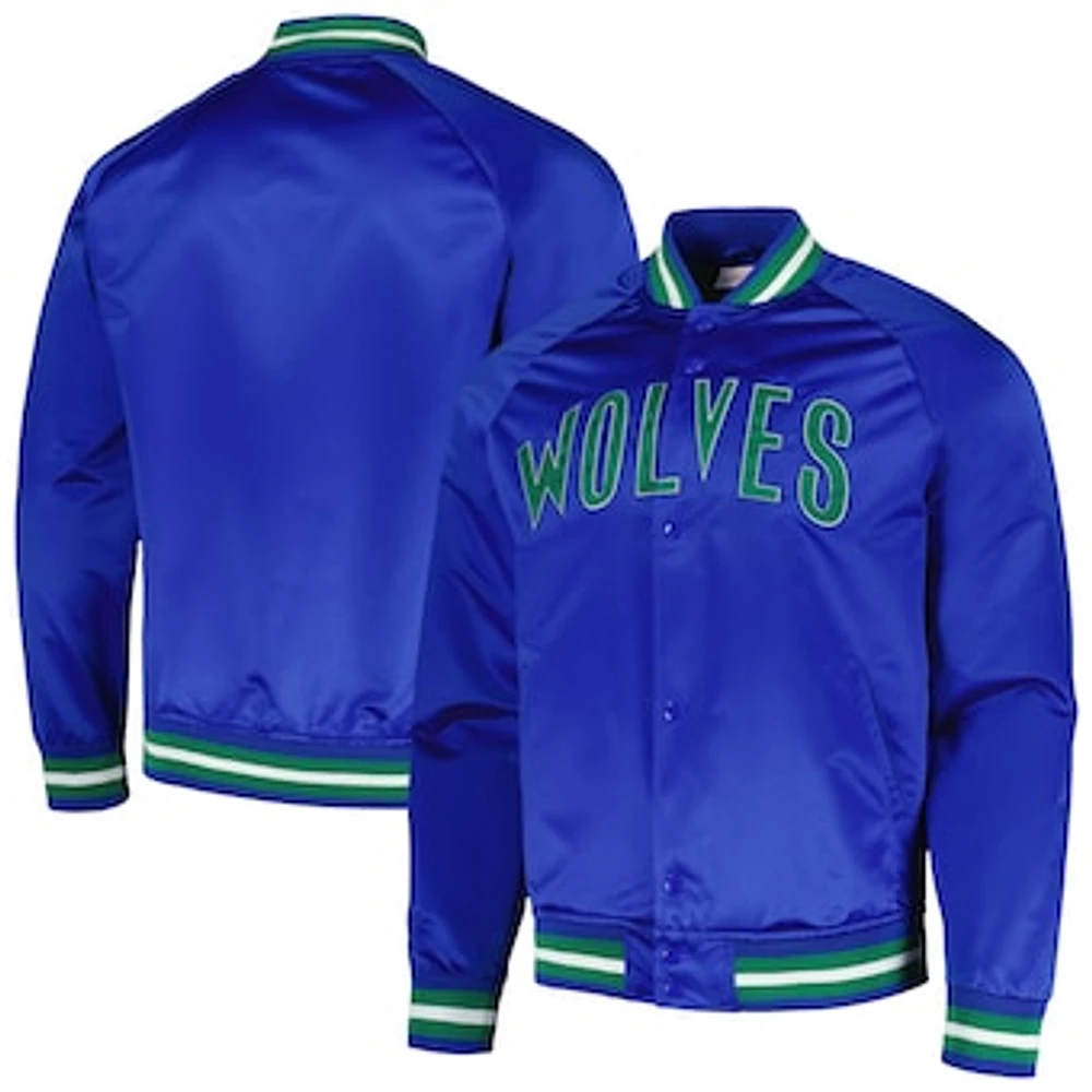 Men's Mitchell & Ness Blue Minnesota Timberwolves Hardwood Classics  Throwback Wordmark Raglan Full-Snap Jacket