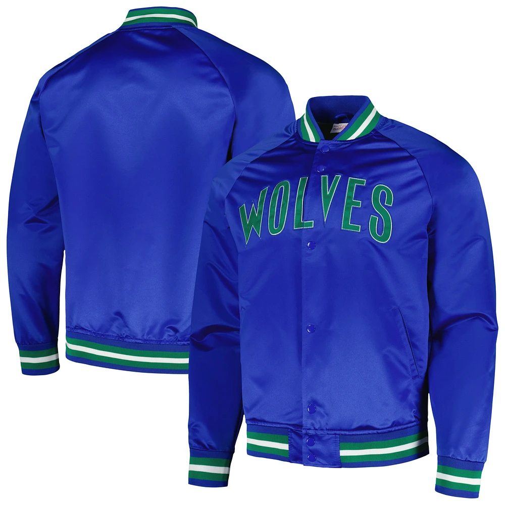 Men's Mitchell & Ness Blue Minnesota Timberwolves Hardwood Classics  Throwback Wordmark Raglan Full-Snap Jacket