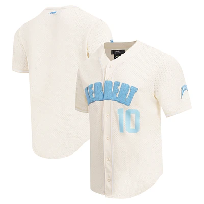 Men's Pro Standard Justin Herbert Cream Los Angeles Chargers Name & Number Triple Tonal Button-Up Baseball Jersey