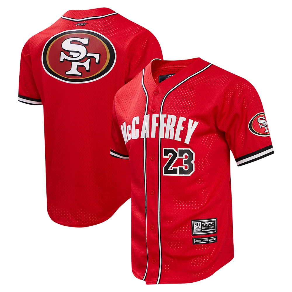 Men's Pro Standard Christian McCaffrey Scarlet San Francisco 49ers Mesh Button-Up Baseball Jersey