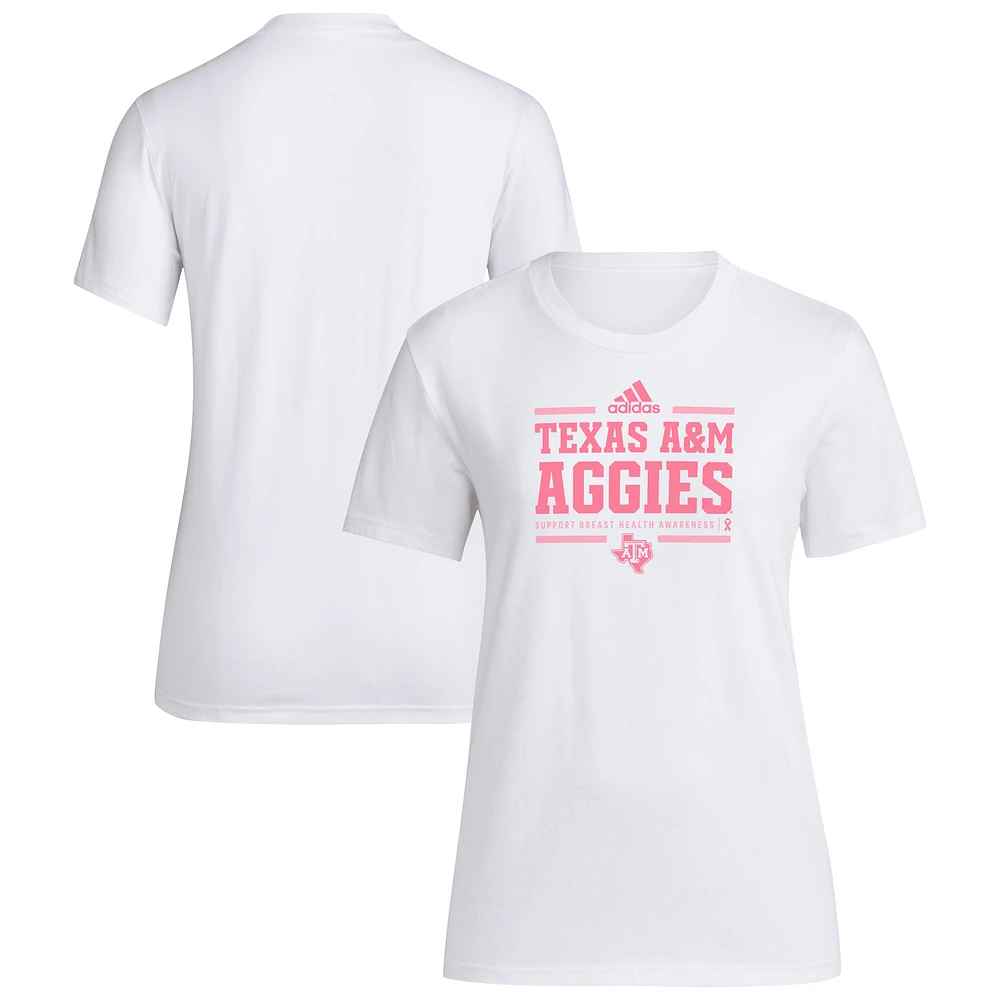 Women's adidas White Texas A&M Aggies 2024 Breast Cancer Awareness Pregame T-Shirt