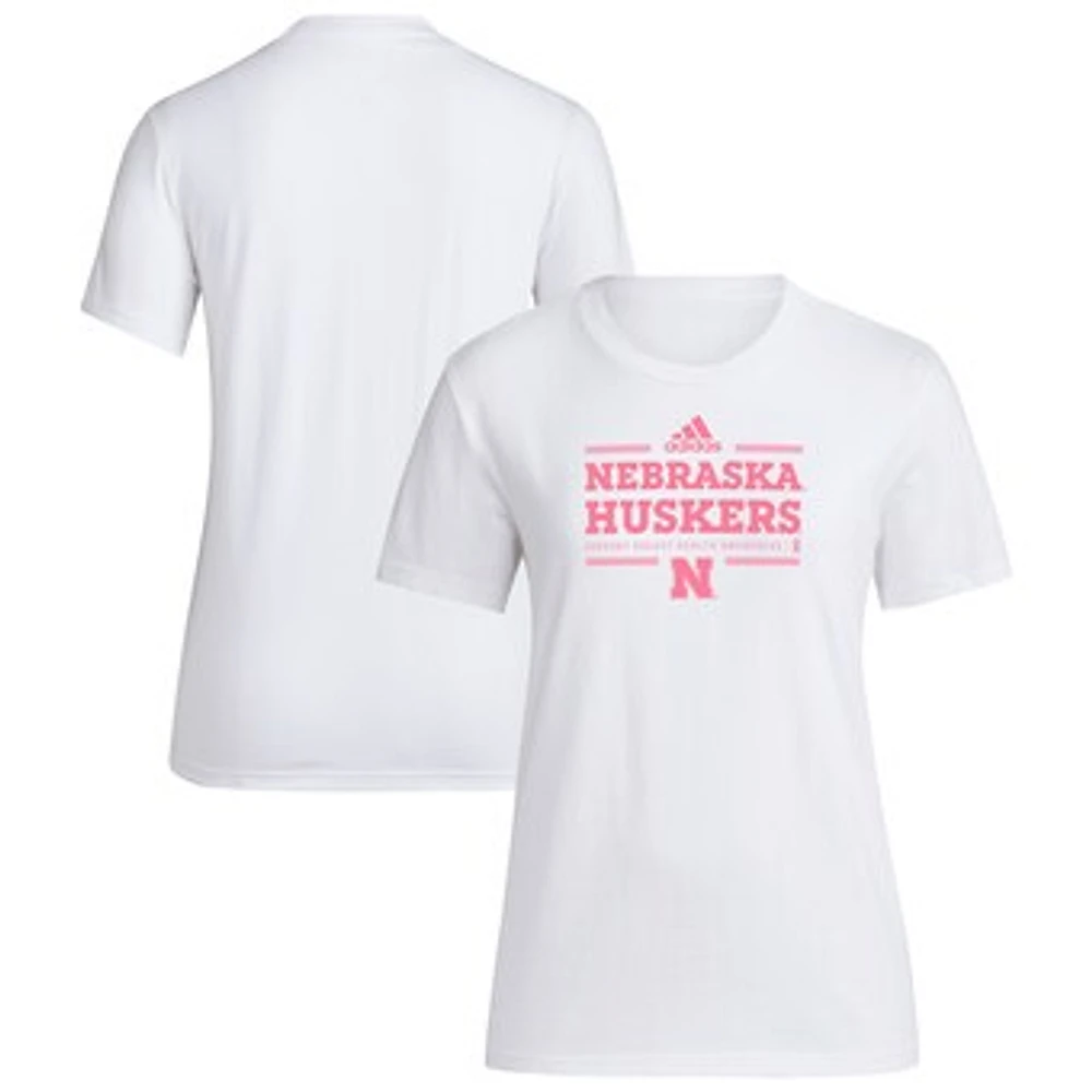 Women's adidas White Nebraska Huskers 2024 Breast Cancer Awareness Pregame T-Shirt