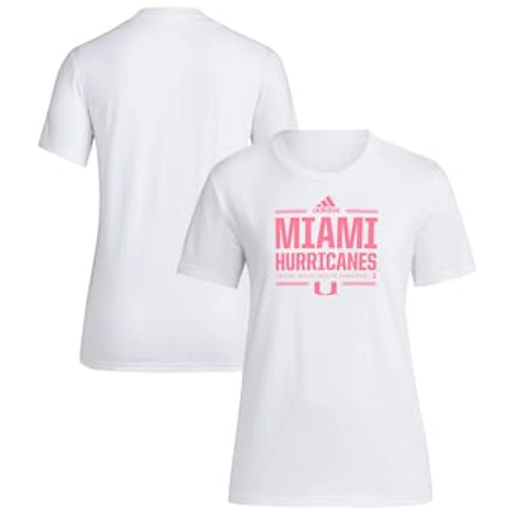 Women's adidas White Miami Hurricanes 2024 Breast Cancer Awareness Pregame T-Shirt