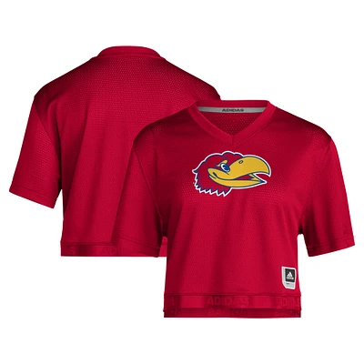 Women's adidas Red Kansas Jayhawks Primegreen V-Neck Cropped Jersey