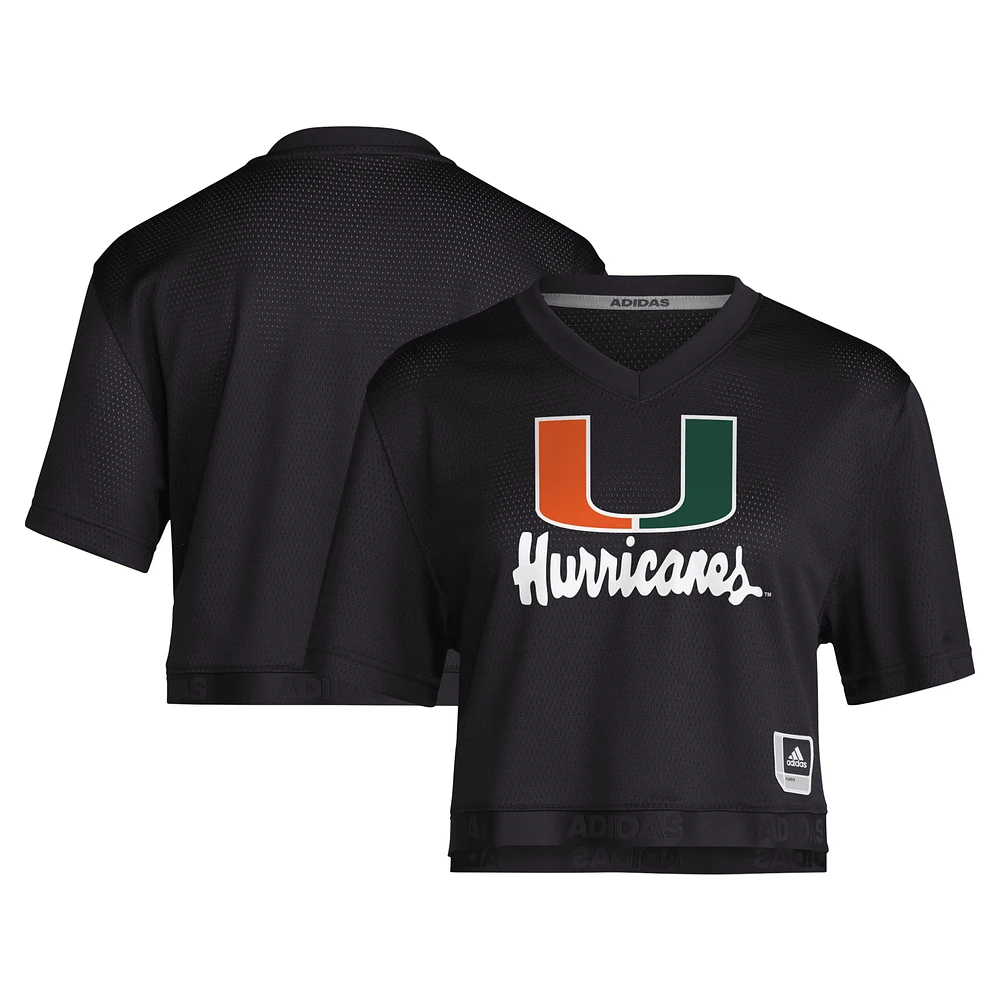 Women's adidas Black Miami Hurricanes Primegreen V-Neck Cropped Jersey