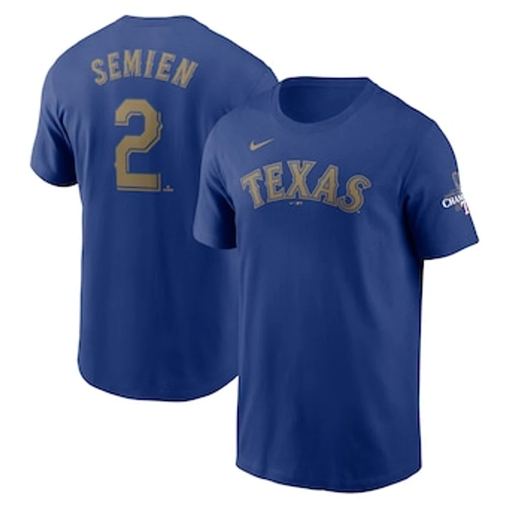 Men's Nike Marcus Semien Royal Texas Rangers 2024 Gold Collection Name & Number T-Shirt