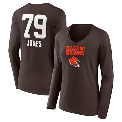 Women's Dawand Jones Brown Cleveland Browns Team Wordmark Player Name & Number Long Sleeve V-Neck T-Shirt