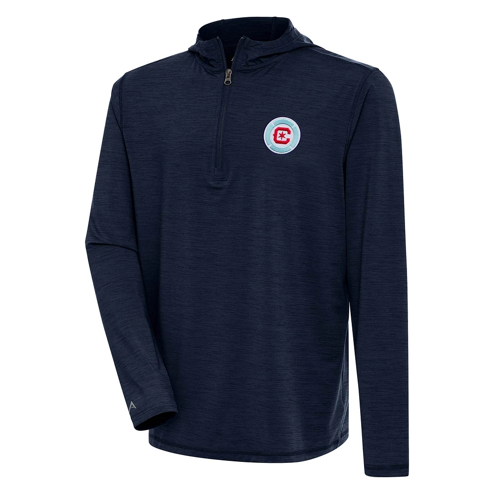 Men's Antigua Heather Navy Chicago Fire Tidy Quarter-Zip Pullover Hoodie