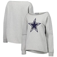 Women's Lauren James Heather Gray Dallas Cowboys Shoulder Off Sweat Rhinestone Long Sleeve T-Shirt