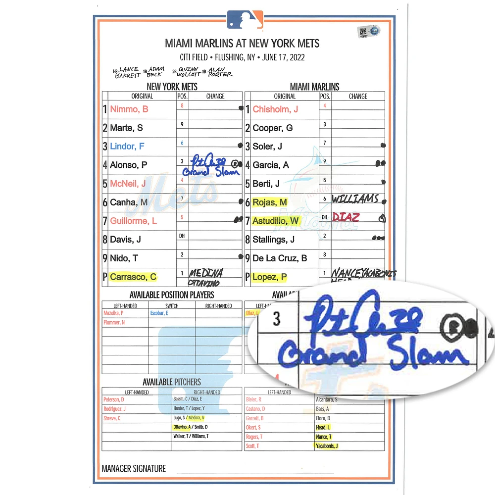 Pete Alonso New York Mets Autographed Game-Used Lineup Card vs. Miami Marlins on June 17, 2022 with "Grand Slam" Inscription