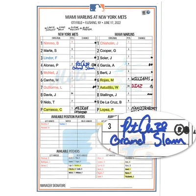 Pete Alonso New York Mets Autographed Game-Used Lineup Card vs. Miami Marlins on June 17, 2022 with "Grand Slam" Inscription