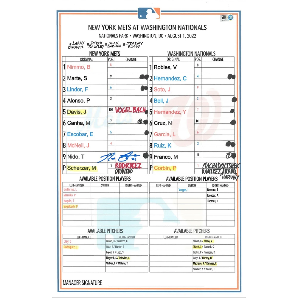 Max Scherzer New York Mets Autographed Game-Used Lineup Card vs. Cincinnati Reds on August 1, 2021