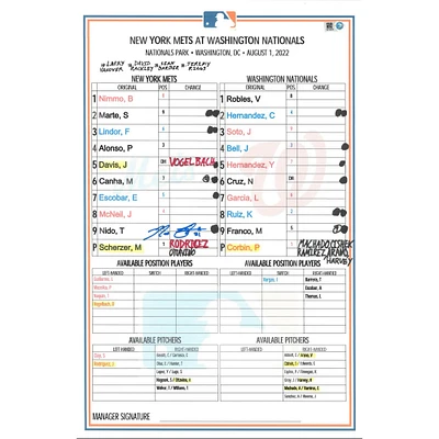 Max Scherzer New York Mets Autographed Game-Used Lineup Card vs. Cincinnati Reds on August 1, 2021