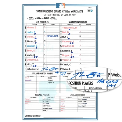 Max Scherzer New York Mets Autographed Citi Field Debut Game-Used Lineup Card vs. San Francisco Giants on April 19, 2022