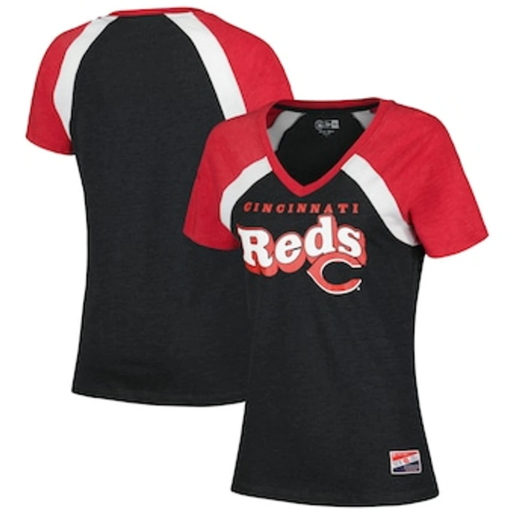 Women's New Era Black Cincinnati Reds Heathered Raglan V-Neck T-Shirt