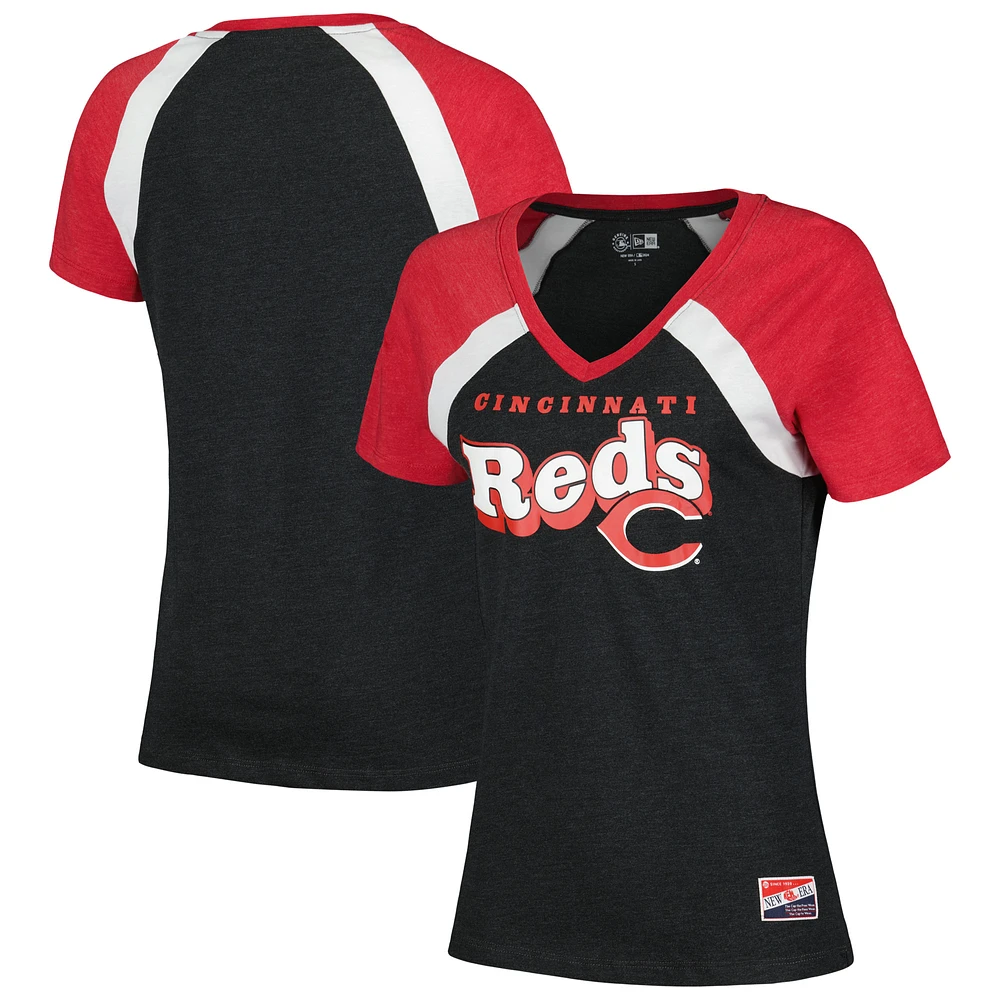 Women's New Era Black Cincinnati Reds Heathered Raglan V-Neck T-Shirt