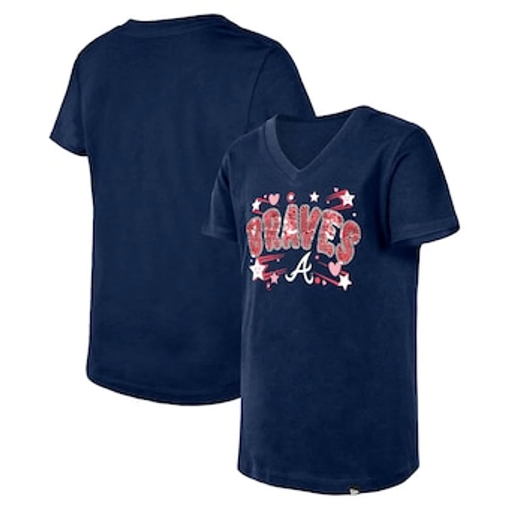 Girls Youth New Era Navy Atlanta Braves Sequin V-Neck T-Shirt