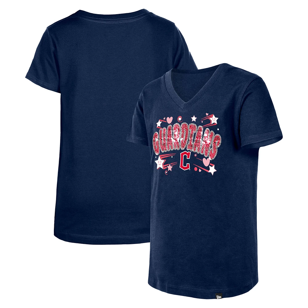 Girls Youth New Era Navy Cleveland Guardians Sequin V-Neck T-Shirt