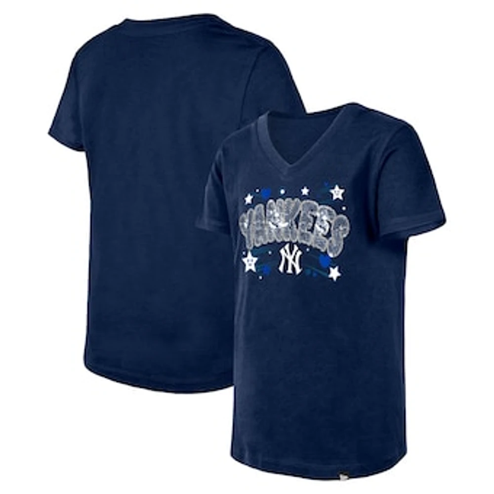 Girls Youth New Era Navy New York Yankees Sequin V-Neck T-Shirt