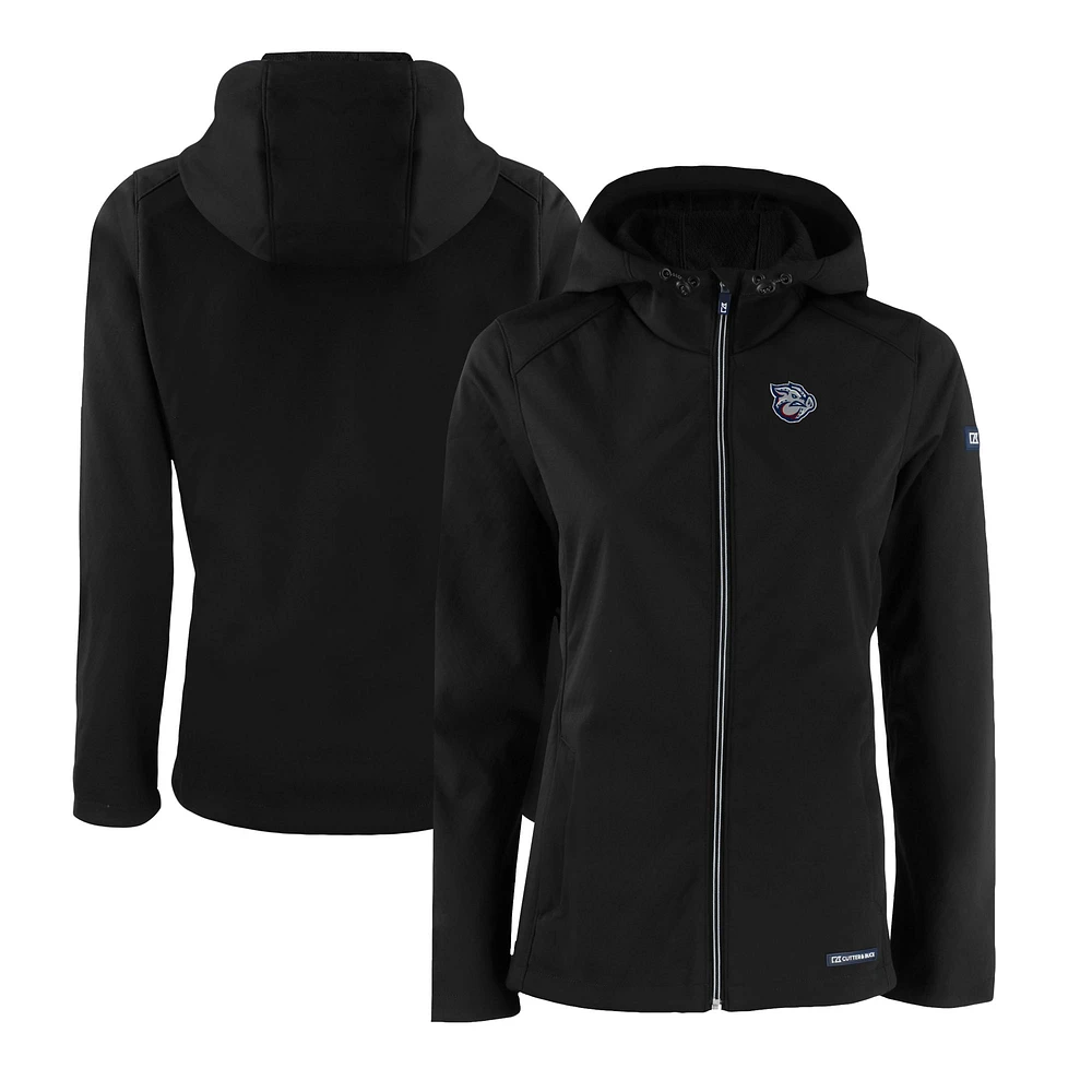 Women's Cutter & Buck Black Lehigh Valley IronPigs Evoke Eco Softshell Recycled Full-Zip Jacket