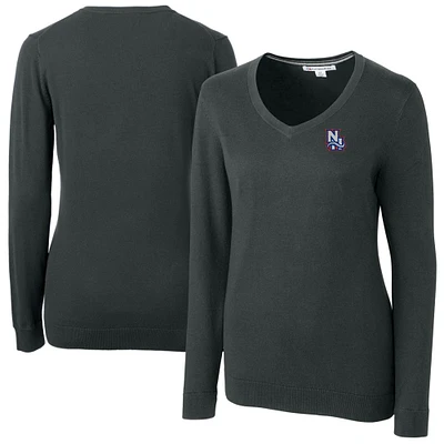 Women's Cutter & Buck  Heather Charcoal New Hampshire Fisher Cats Lakemont Tri-Blend V-Neck Pullover Sweater
