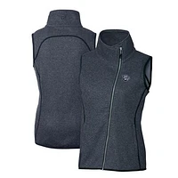 Women's Cutter & Buck  Heather Navy Lehigh Valley IronPigs Mainsail Sweater Knit Asymmetrical Full-Zip Vest