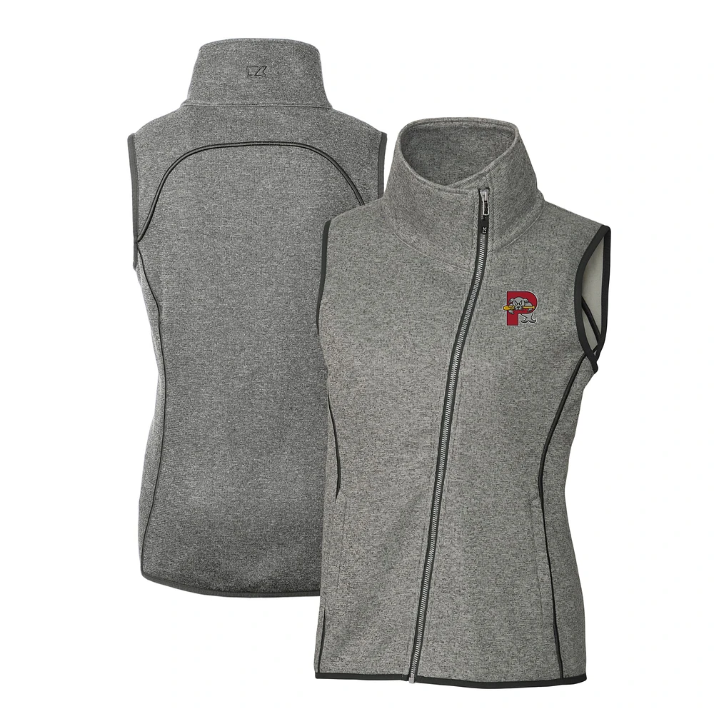 Women's Cutter & Buck Heather Gray Portland Sea Dogs Mainsail Sweater Knit Asymmetrical Full-Zip Vest
