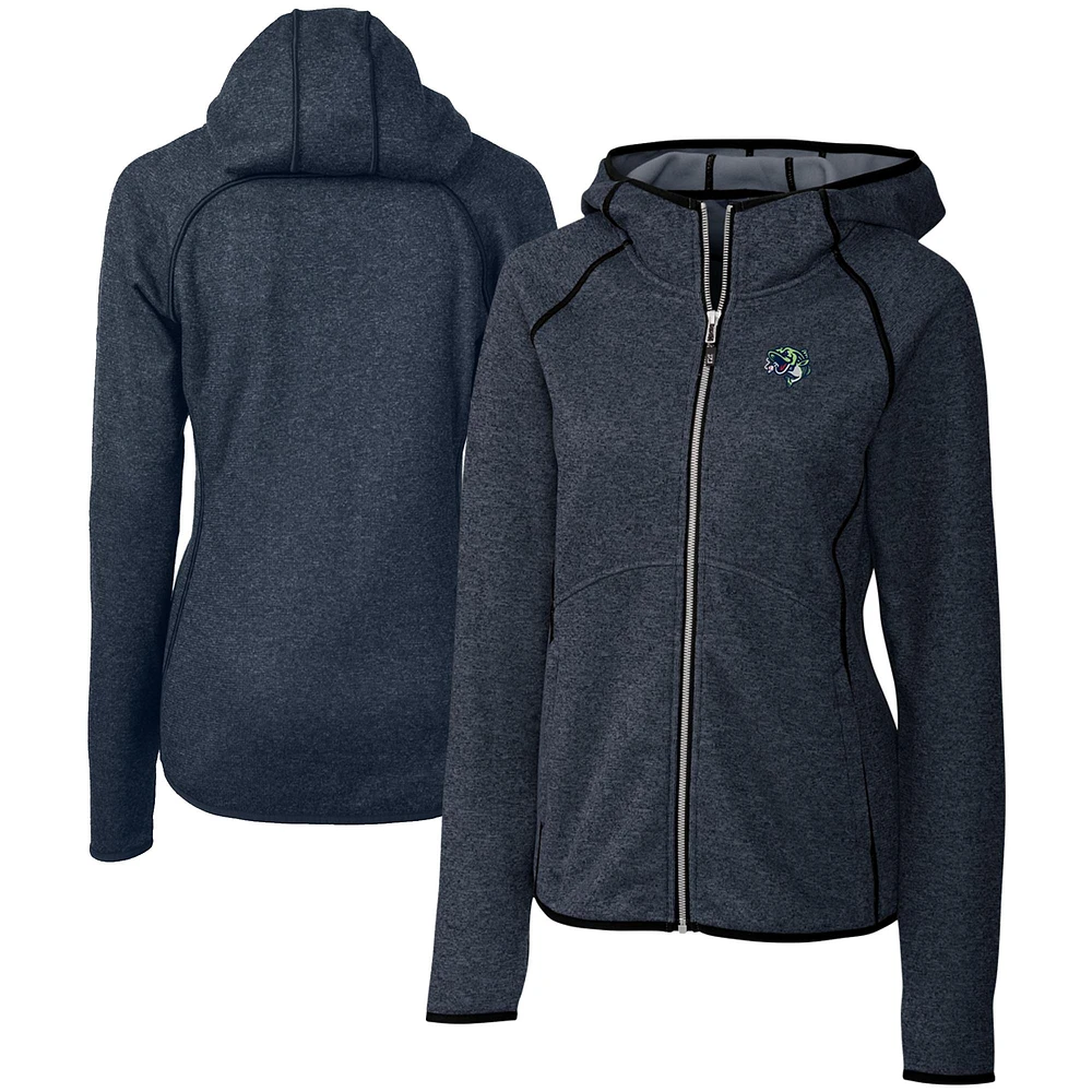 Women's Cutter & Buck Heather Navy Gwinnett Stripers Mainsail Sweater Knit Raglan Full-Zip Hoodie
