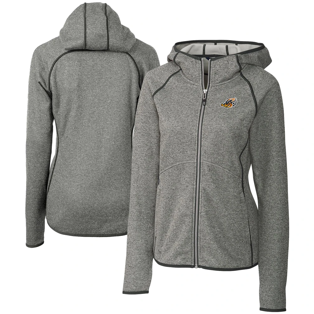 Women's Cutter & Buck Heather Gray Akron RubberDucks Mainsail Sweater Knit Raglan Full-Zip Hoodie